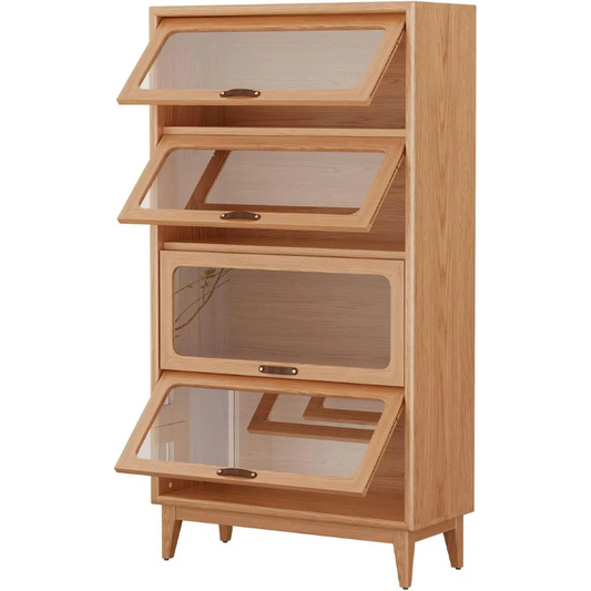 Ljustra Solid Wood Book Case 4Tier Bookshelves with Tempered Glass Doors