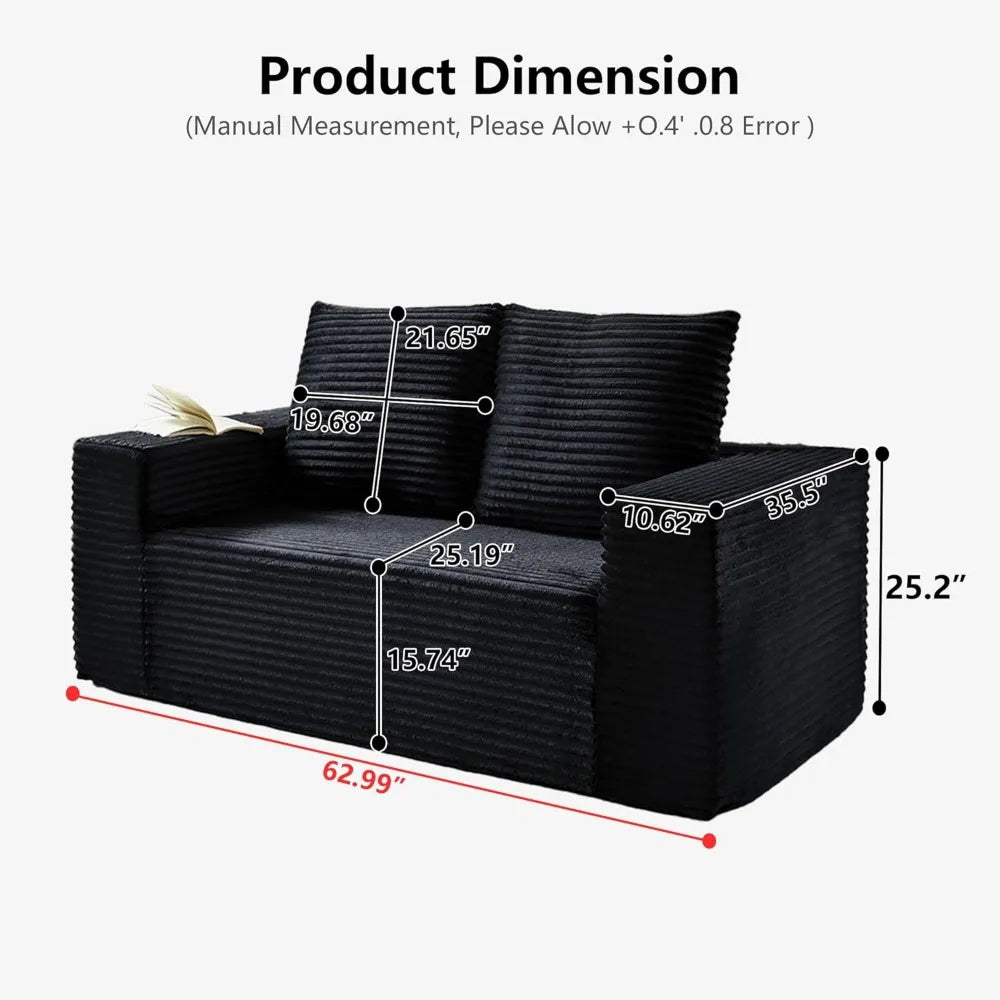 63" Loveseat Sofa Corduroy Sponge Double Sofas Cloud Couch with Pillows