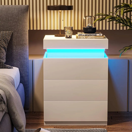 Nightstand with Charging Station LED Lights Modern Sliding Drawer
