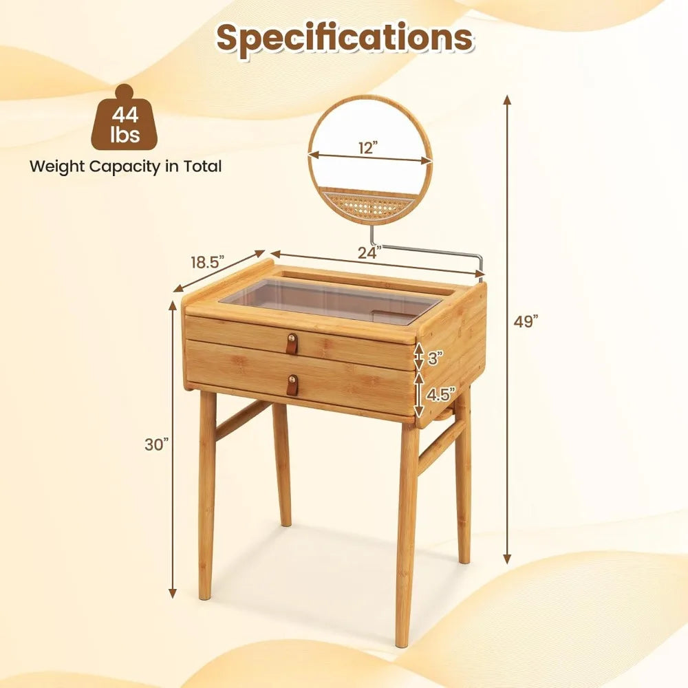 Bamboo Makeup Vanity Table with Stool Rotating Mirror 2 Drawers
