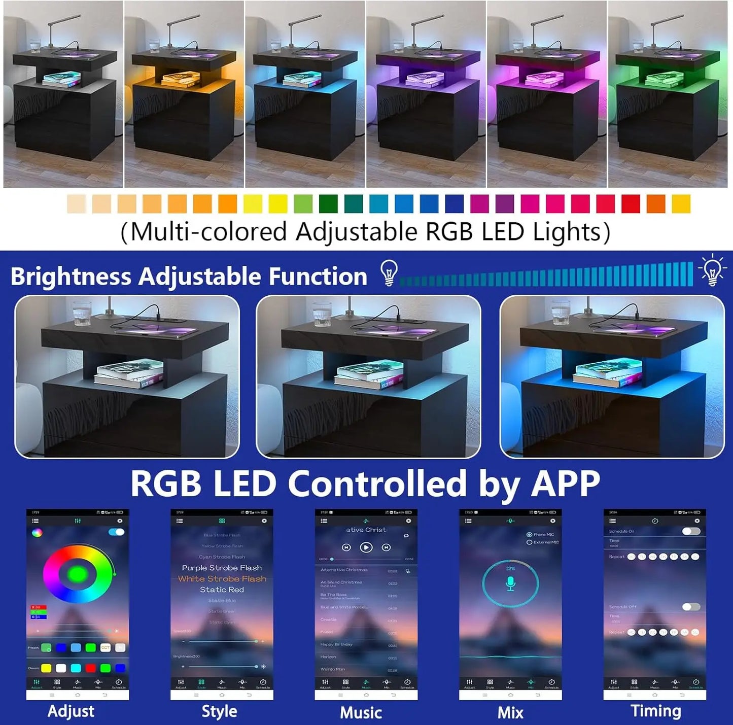 Nightstand with Wireless Charging USB Ports Modern Bedside Table Storage