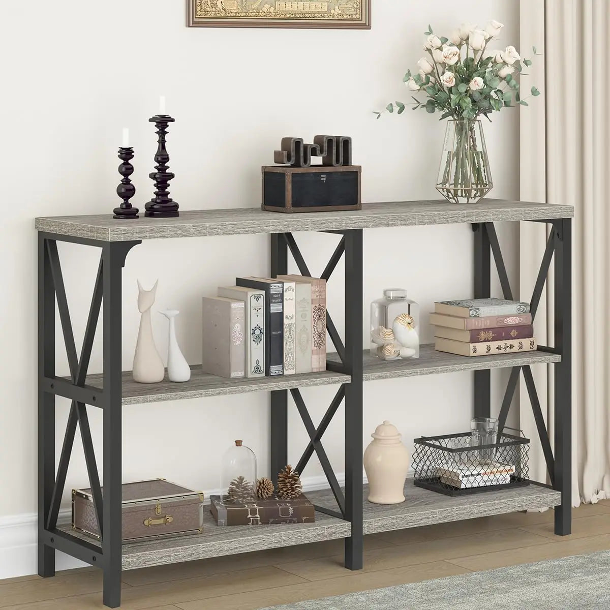 Long Entryway Console Table Industrial Wood Metal 3 Tier Storage Shelf