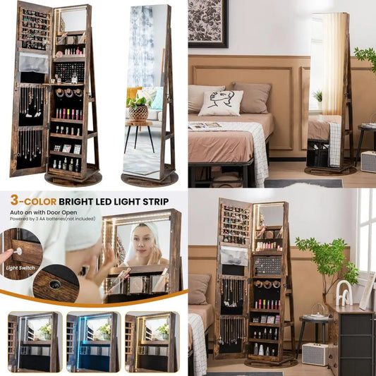 Rotating Lockable Jewelry Cabinet Full Length Mirror Storage Organizer