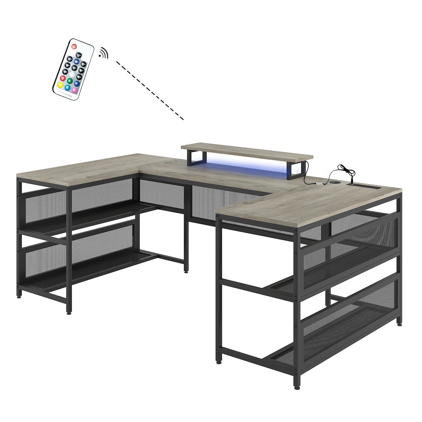 U Shaped Desk with LED Lights Power Outlets Monitor Stand Gaming Office