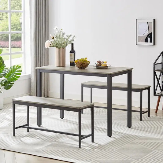 Industrial Dining Table Set with 2 Benches and Chairs for Kitchen