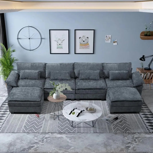 U-Shaped Modular Sectional Sofa with USB – Cloud Chenille Fabric Couch w/ Removable Covers