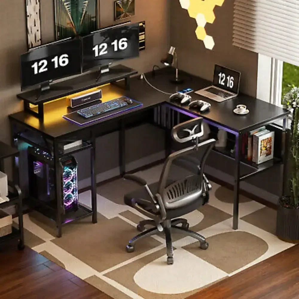L-Shaped Computer Desk with Lighting and Grid Bookshelves for Home Office