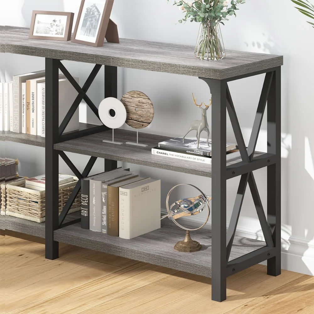 Long Entryway Console Table Industrial Wood Metal 3 Tier Storage Shelf