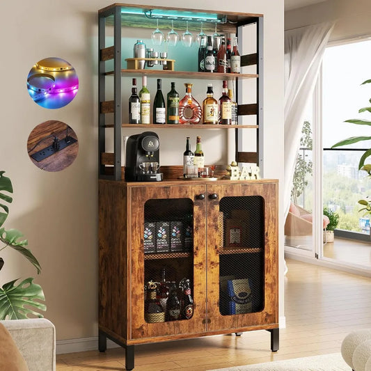 Bar Cabinet with Power Outlets LED Lights Wine Storage 67" Tall