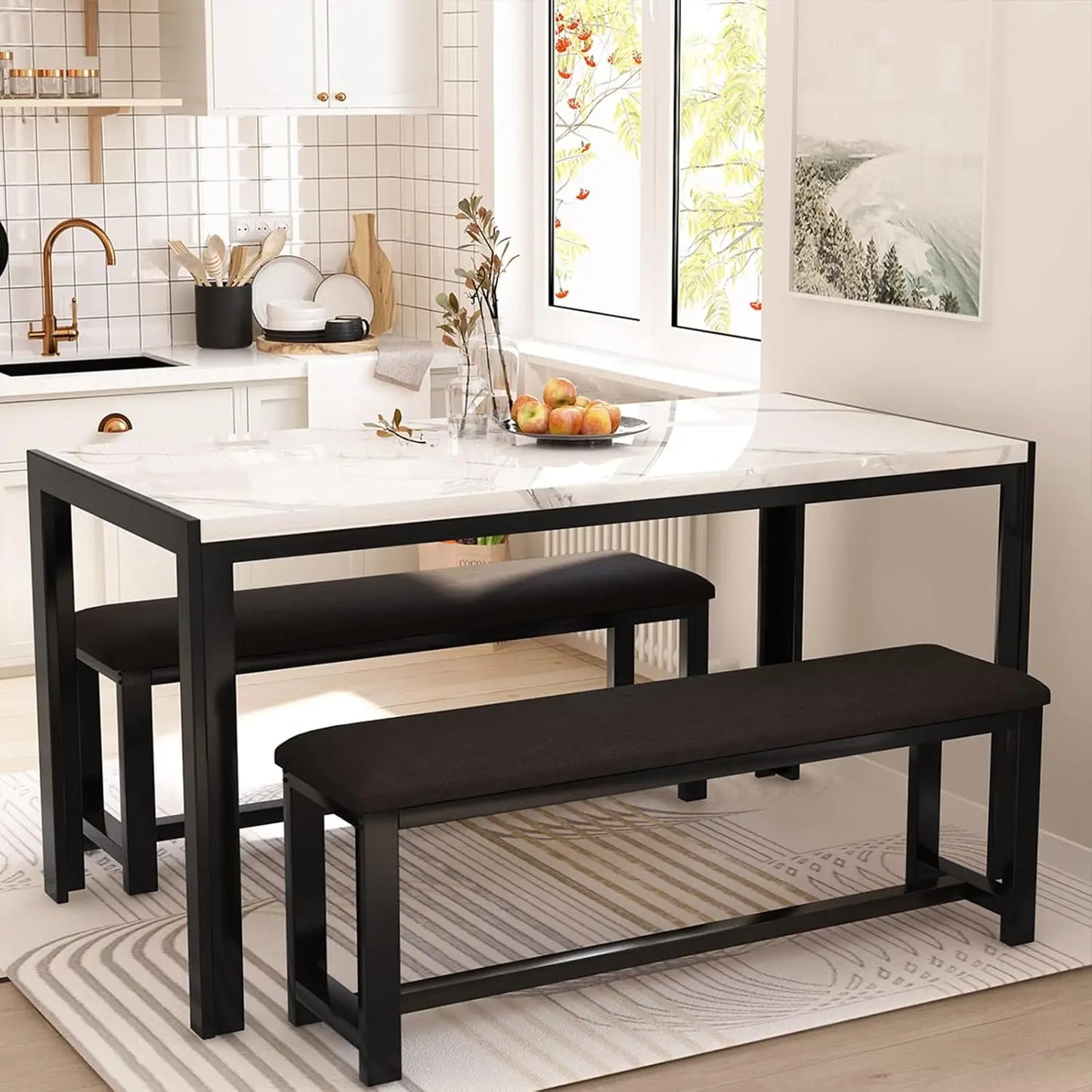 Ljustra Dining Room Set with 2 Benches for 4-6 Faux Marble Table