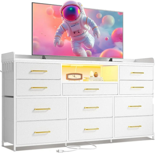 Ljustra Dresser with 11 Drawers LED Lights Charging Station for 60" TV