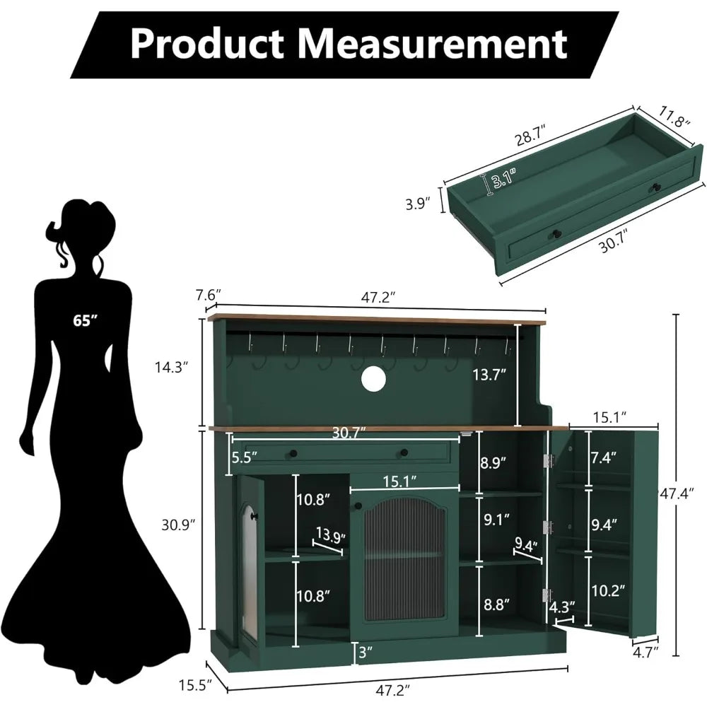 48 Inch Kitchen Pantry Wood Coffee Bar Cabinet with Glass Doors