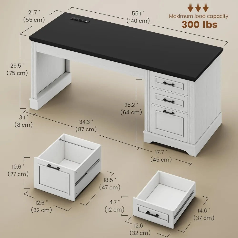 Farmhouse Executive Desk with Storage Drawers and Power Outlet