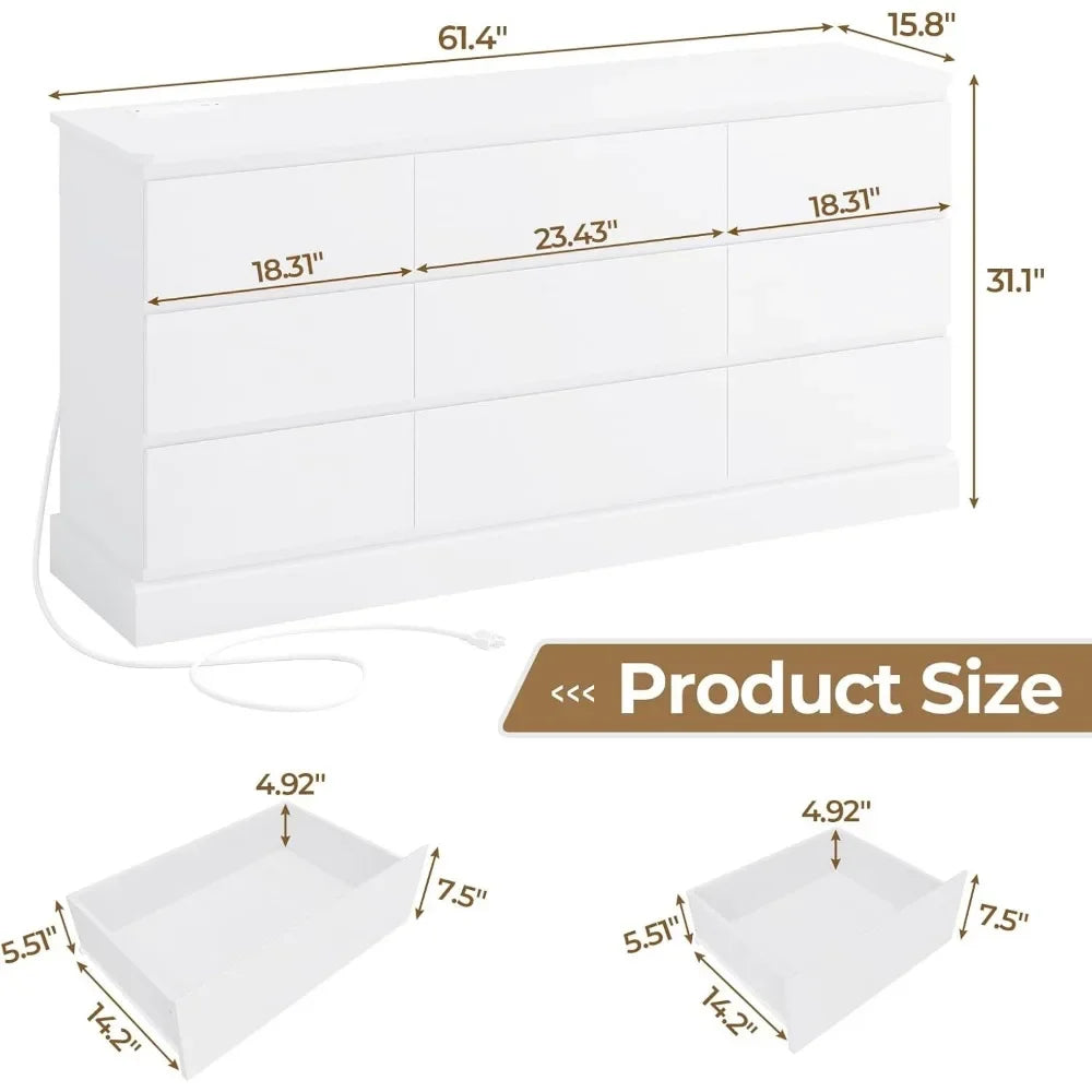 Modern White Bedroom Dresser 9 Drawers Long Storage Chest 61.4 Inches