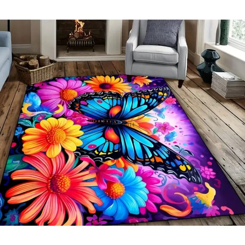 Colorful Butterfly Flower Pattern Non-Slip Machine Washable Rug