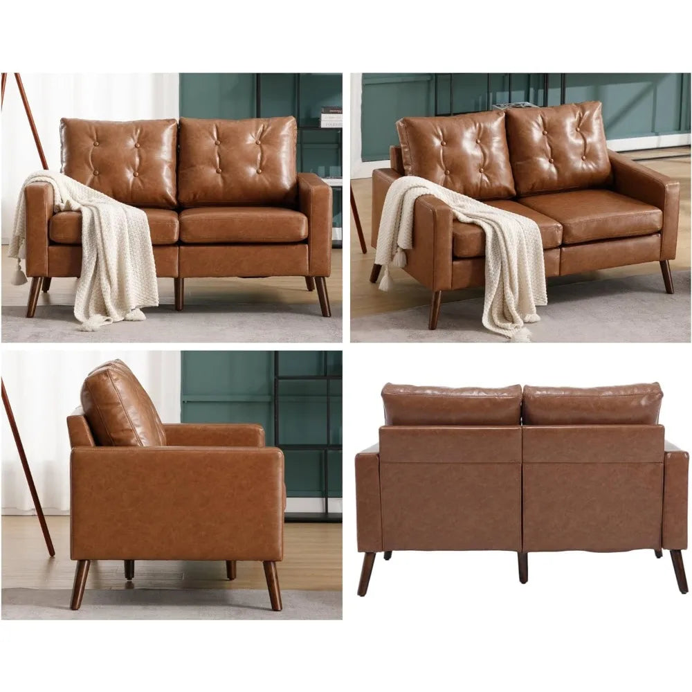 Ljustra 53" W Faux Leather Loveseat Sofa Button Tufted Mid Century Modern