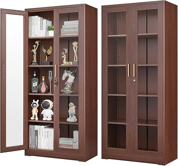 Display Cabinet Glass Doors Metal Curio Lock Shelves 71 Inch Tall Case