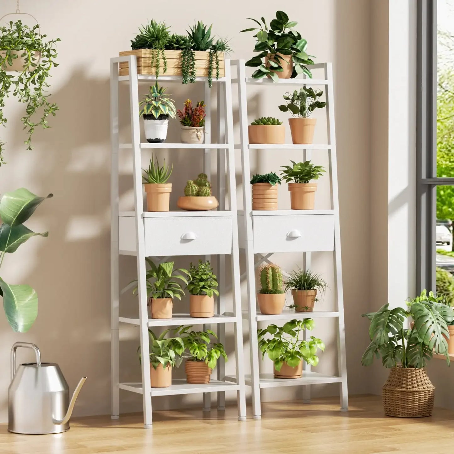 5-Tier Ladder Bookshelf Narrow Bookcase with Removable Drawers Living Room