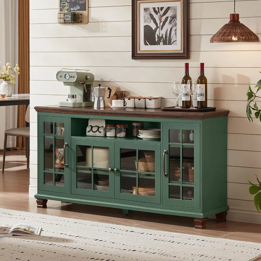 Large Vintage Green Sideboard Buffet Cabinet with Glass Doors Storage