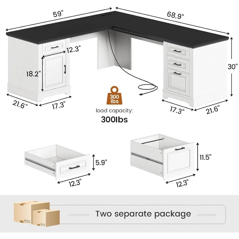 SEDETA 69" Executive L Shaped Desk with Drawers Power Outlet Home Office