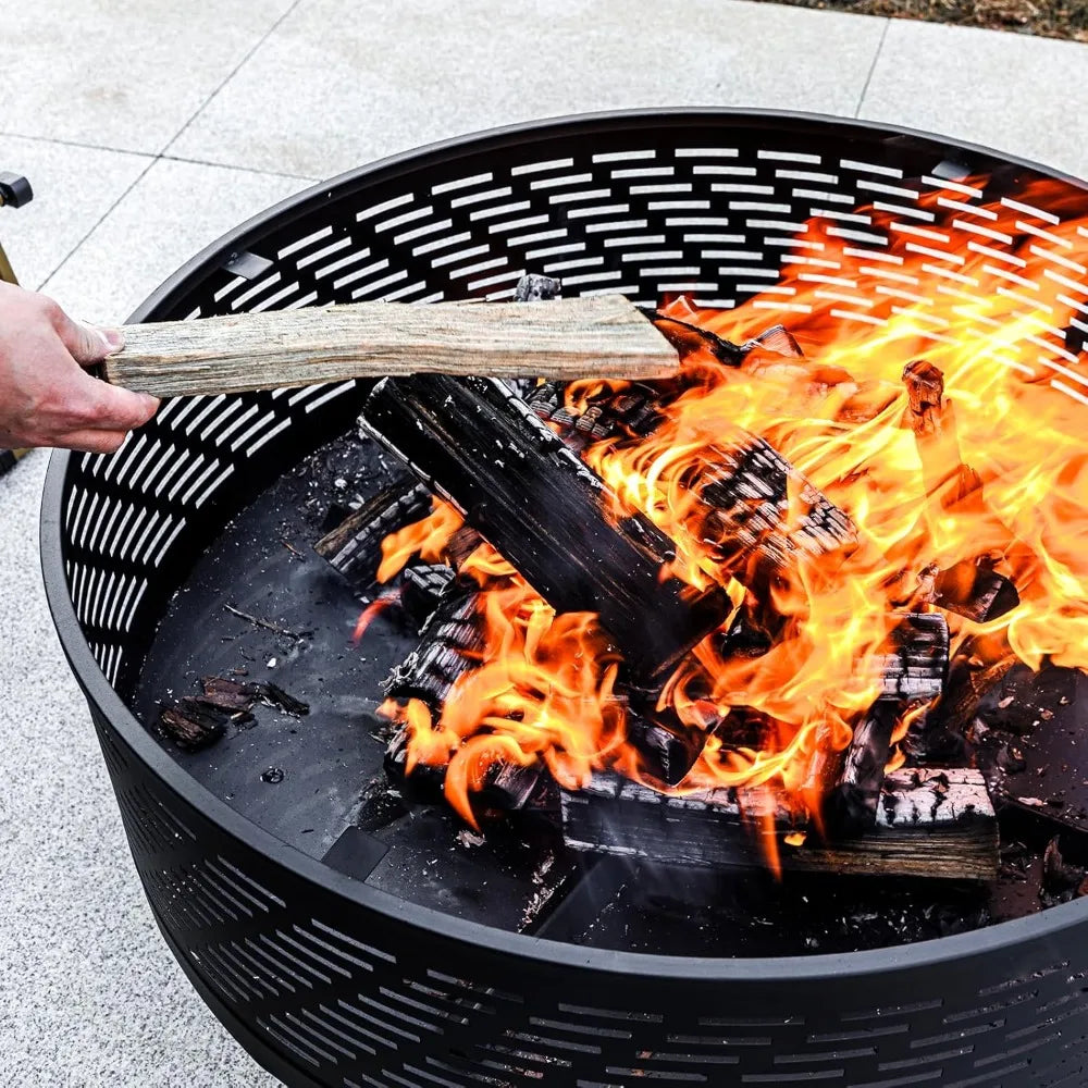 32 Inch Wood Burning Fire Pit Table with Grill Lid Waterproof Cover