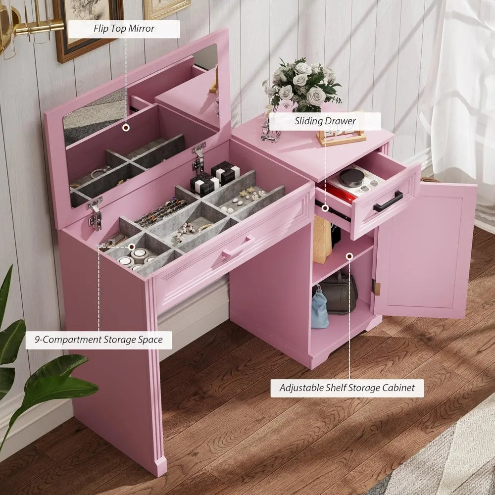Farmhouse Vanity with Flip Mirror and Storage Cabinet for Bedroom