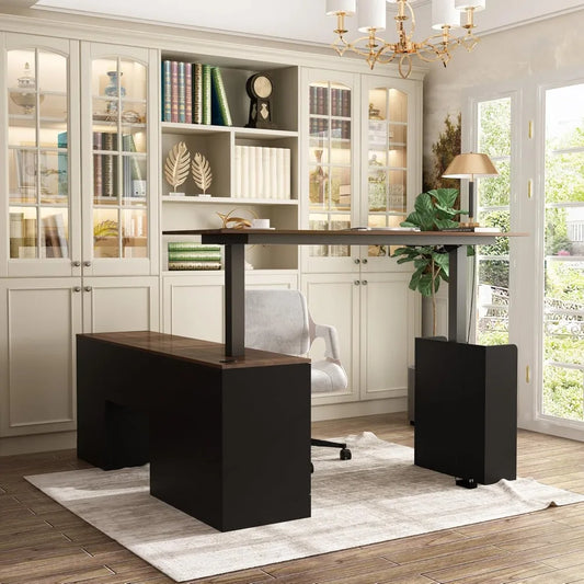 L Shaped Electric Standing Desk with Drawers and Shelves Height Adjustable