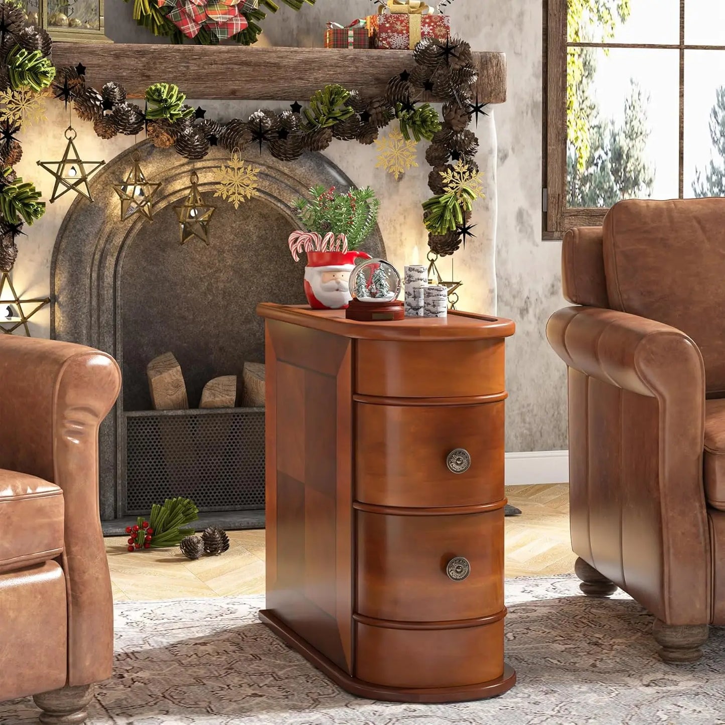 Wood End Table Set of 2 Narrow Solid Side Table with 2 Drawers