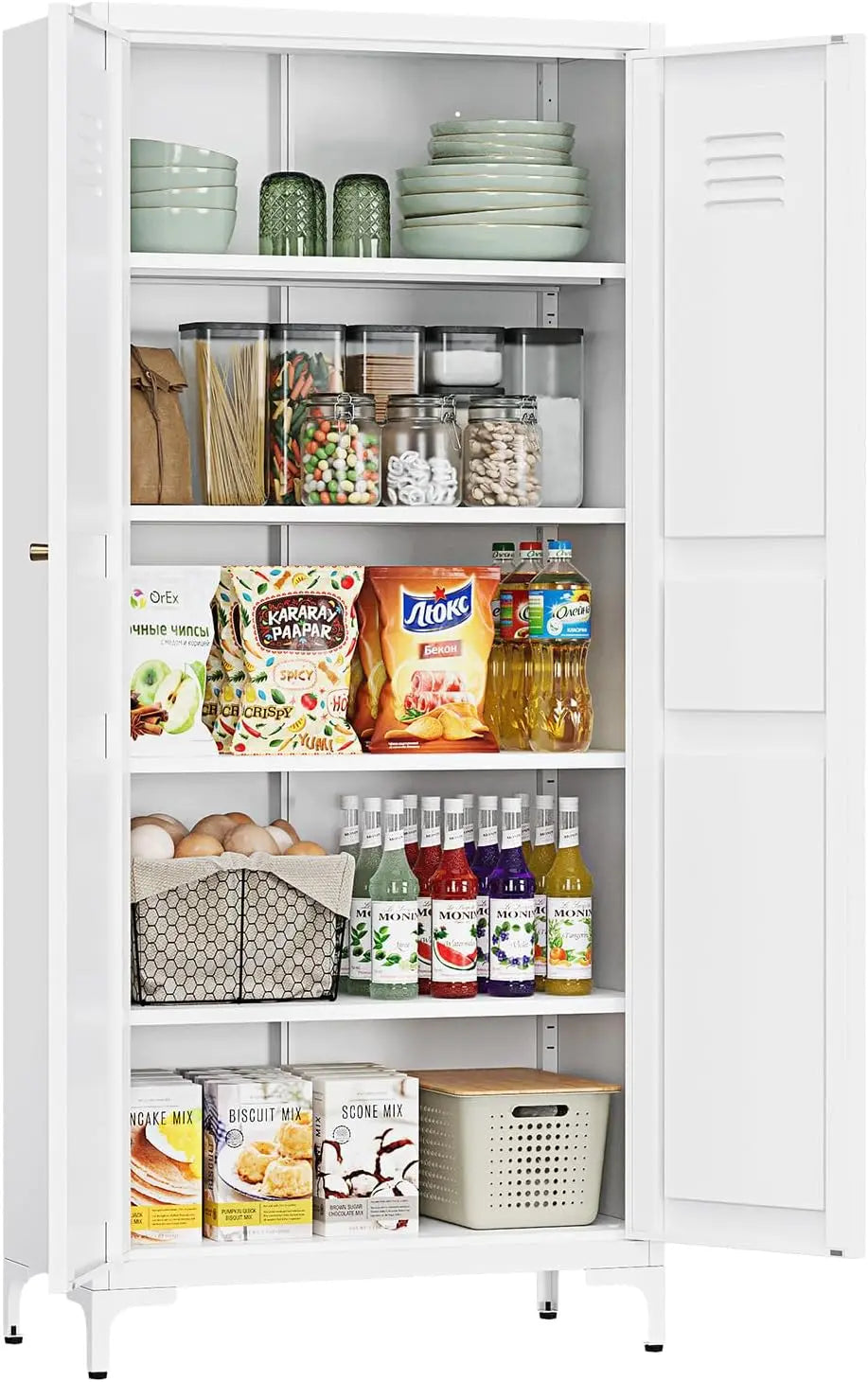 75 Inch Farmhouse Metal Storage Cabinet Adjustable Shelves Pantry Organizer