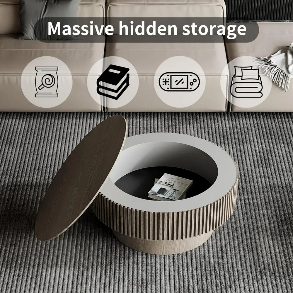 Modern Round Coffee Table Solid Wood Grey 31.5 Inch for Living Room