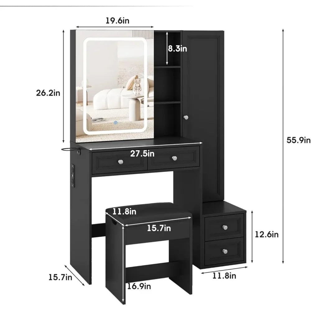 Makeup Vanity Desk with LED Light Sliding Mirror Jewelry Cabinet Storage