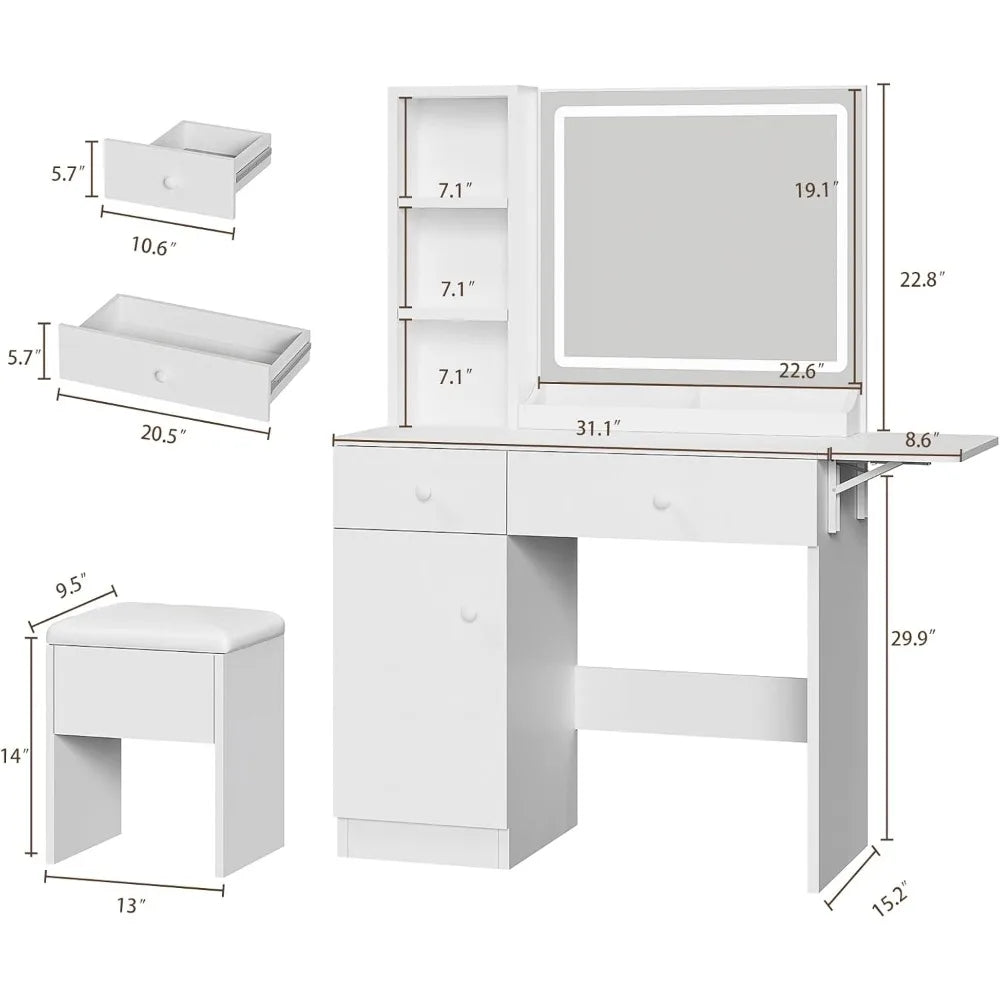 Makeup Vanity Desk with Mirror LED Lights Charging Station White