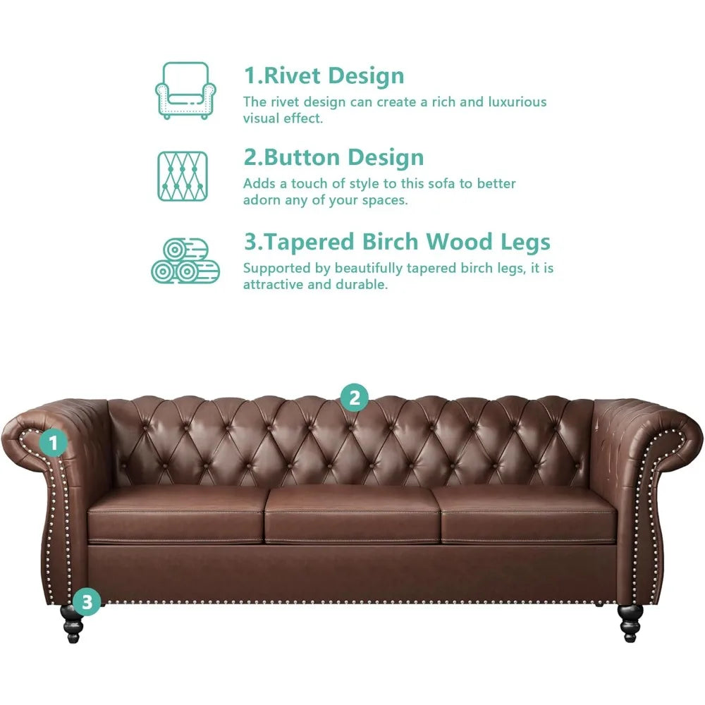 Ljustra Chesterfield 3-Seater Sofa Modern Leather Tufted Couch