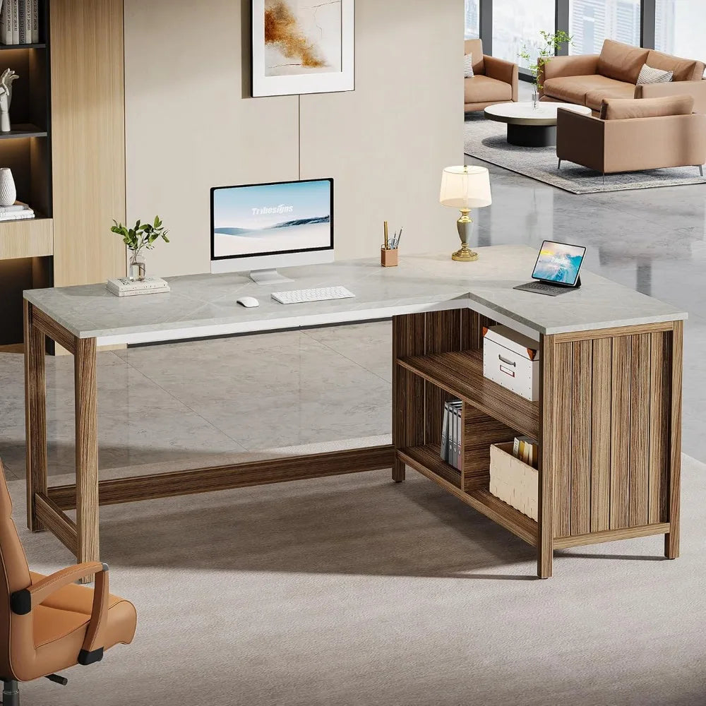 L-Shaped Executive Desk 57" Modern Computer Desk with Storage Shelves