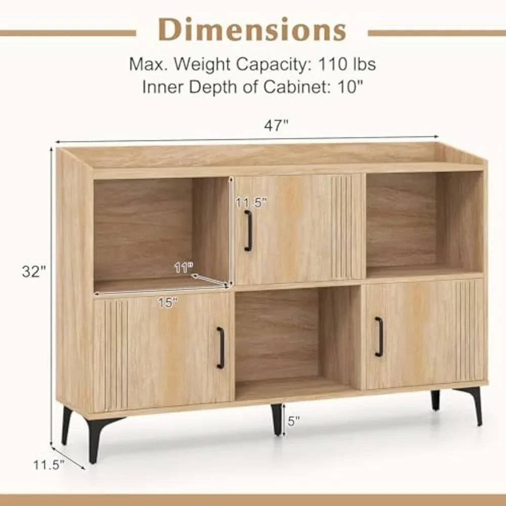 "Storage Cabinet, Sideboard with 3 Doors & 3 Open Compartments – Bookcase with 5 Metal Legs, Multi-Functional Buffet Table Desi