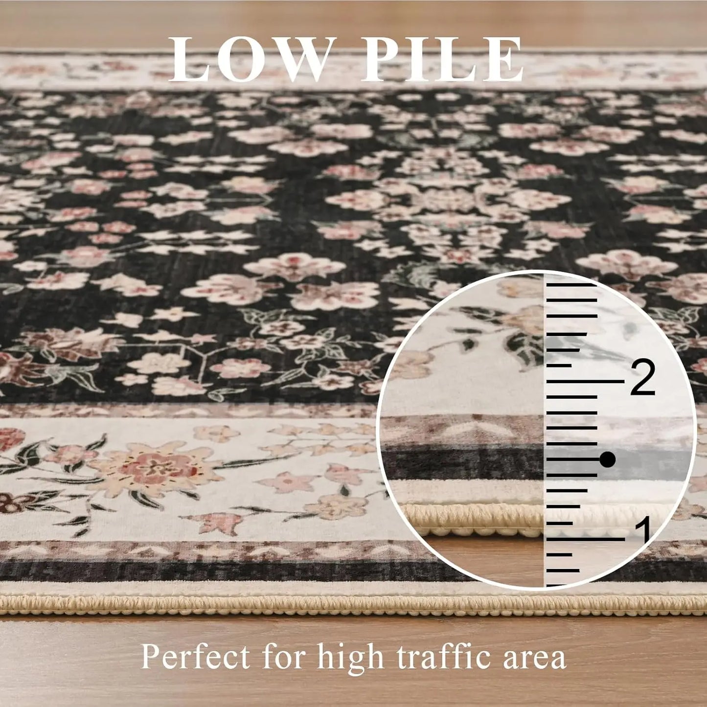 Ljustra Washable Area Rug Vintage Floral Print Non Slip Soft Carpet