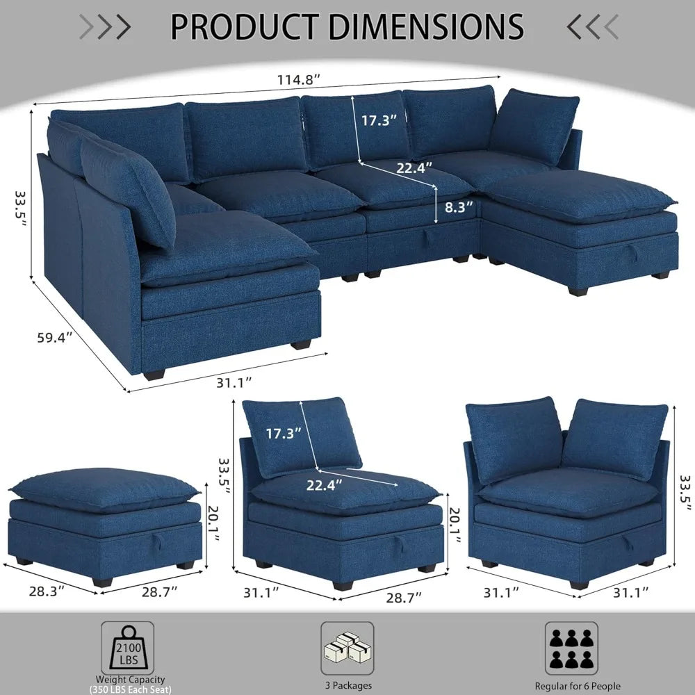 115” U-Shaped Modular Sofa Blue Sectional w/ Storage 6-Person Seating