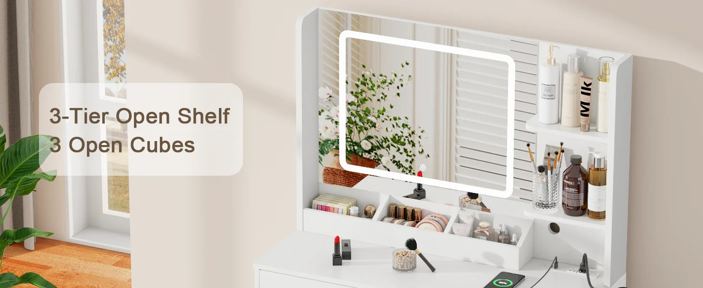 Satifur Vanity Desk with LED Mirror Power Outlets Makeup Stool Set