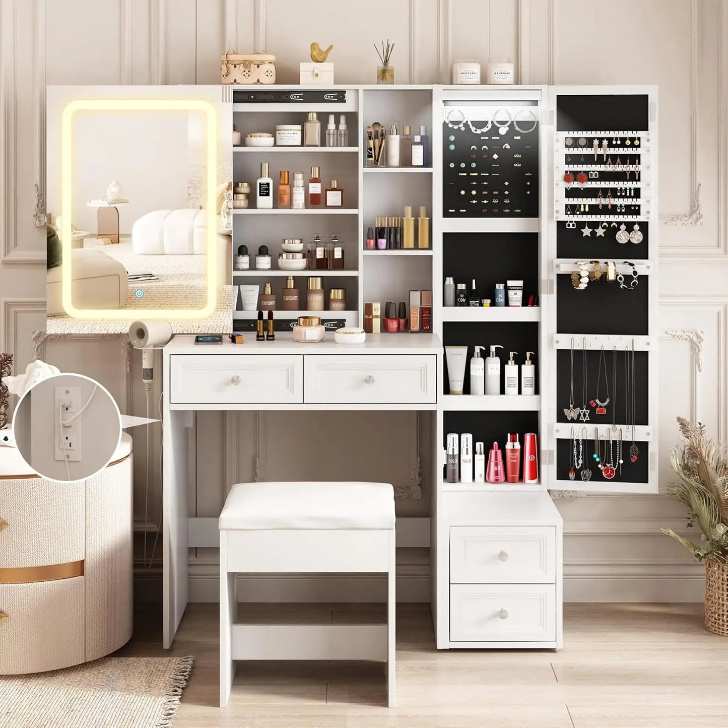 Makeup Vanity Desk with LED Mirror Jewelry Storage Charging Station