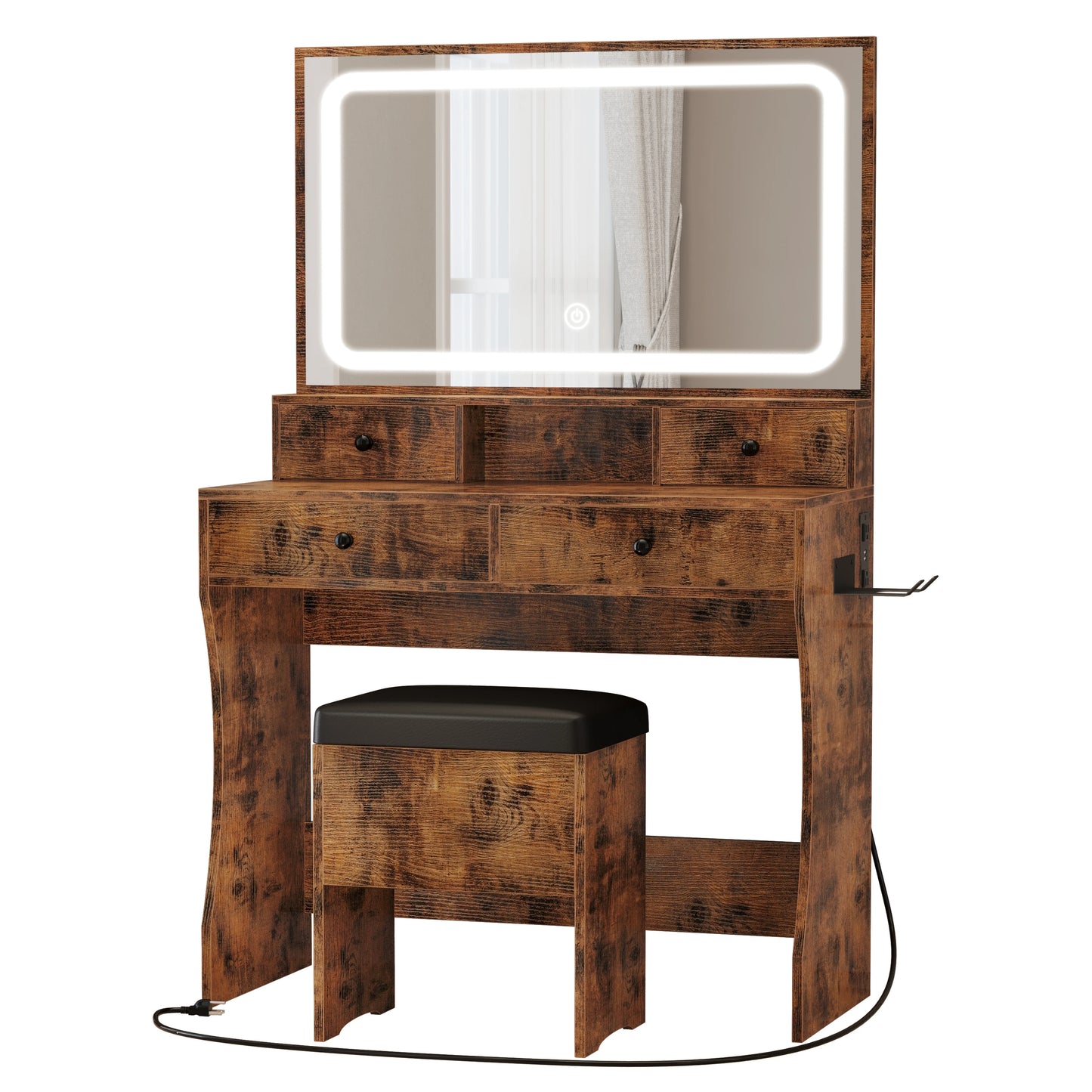 Ljustra Vanity Desk with LED Mirror Power Outlet and 4 Drawers