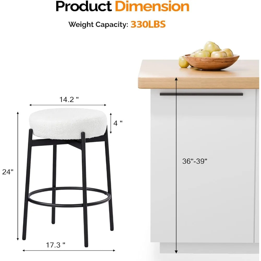 Swivel Round Barstools 24" Teddy Wool Upholstered Set of 2