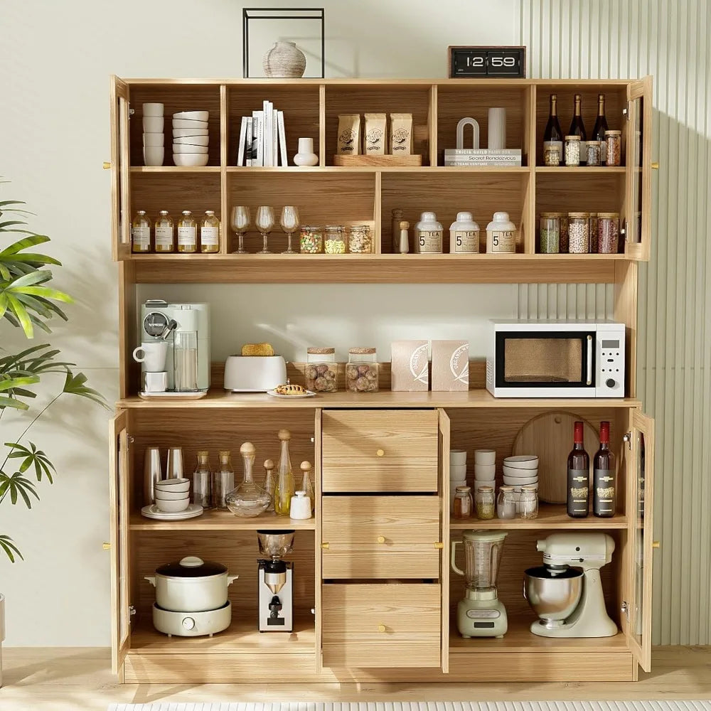 Large Kitchen Hutch Cabinet with Glass Doors and Drawers for Storage