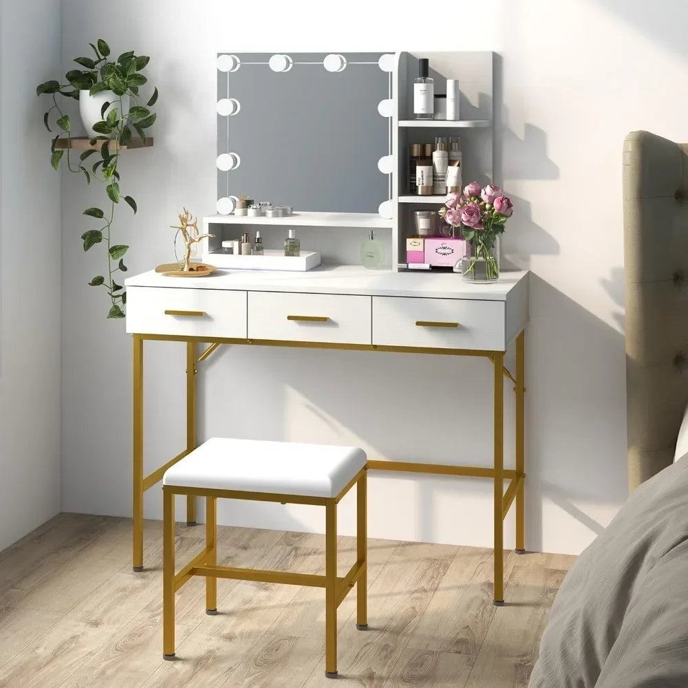 Vanity Table with Lighted Mirror and Cushioned Stool for Makeup