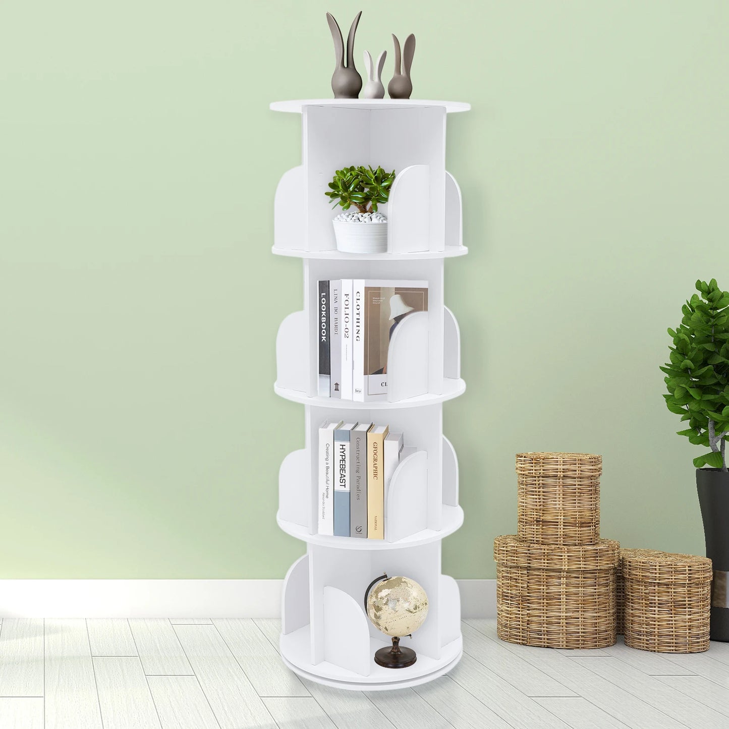 Rotating Bookshelf 4 Tiers 360° Silent Modern White Storage Shelf