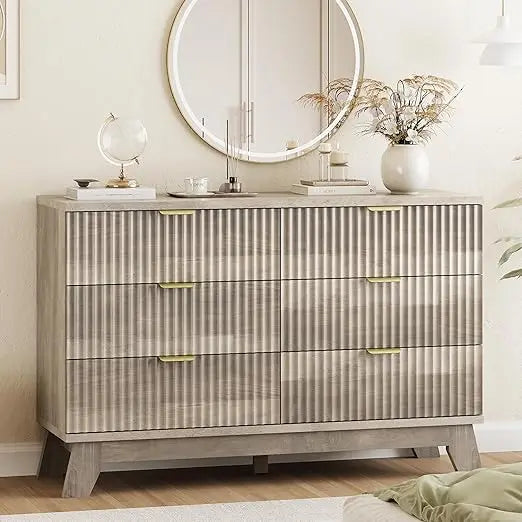 Fluted Dresser 9 Drawers Modern Chest of Drawers TV Stand Natural Oak
