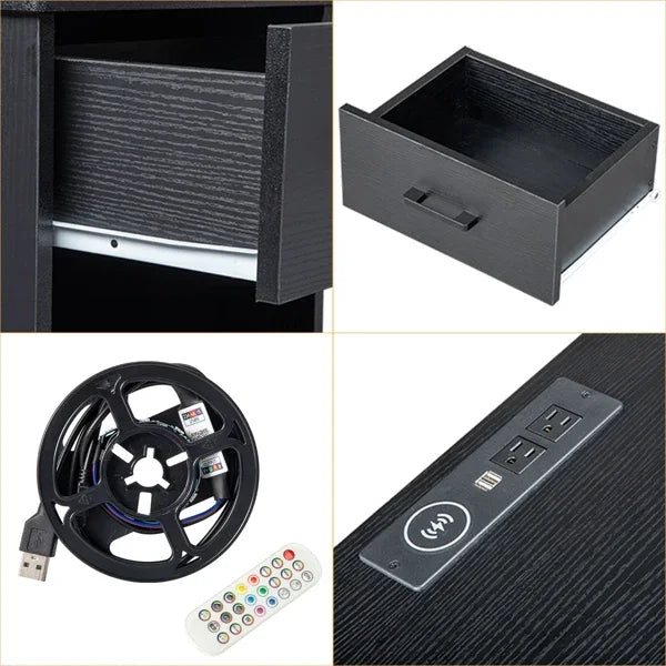Modern LED Bedside Table with Drawer and USB Charging Black