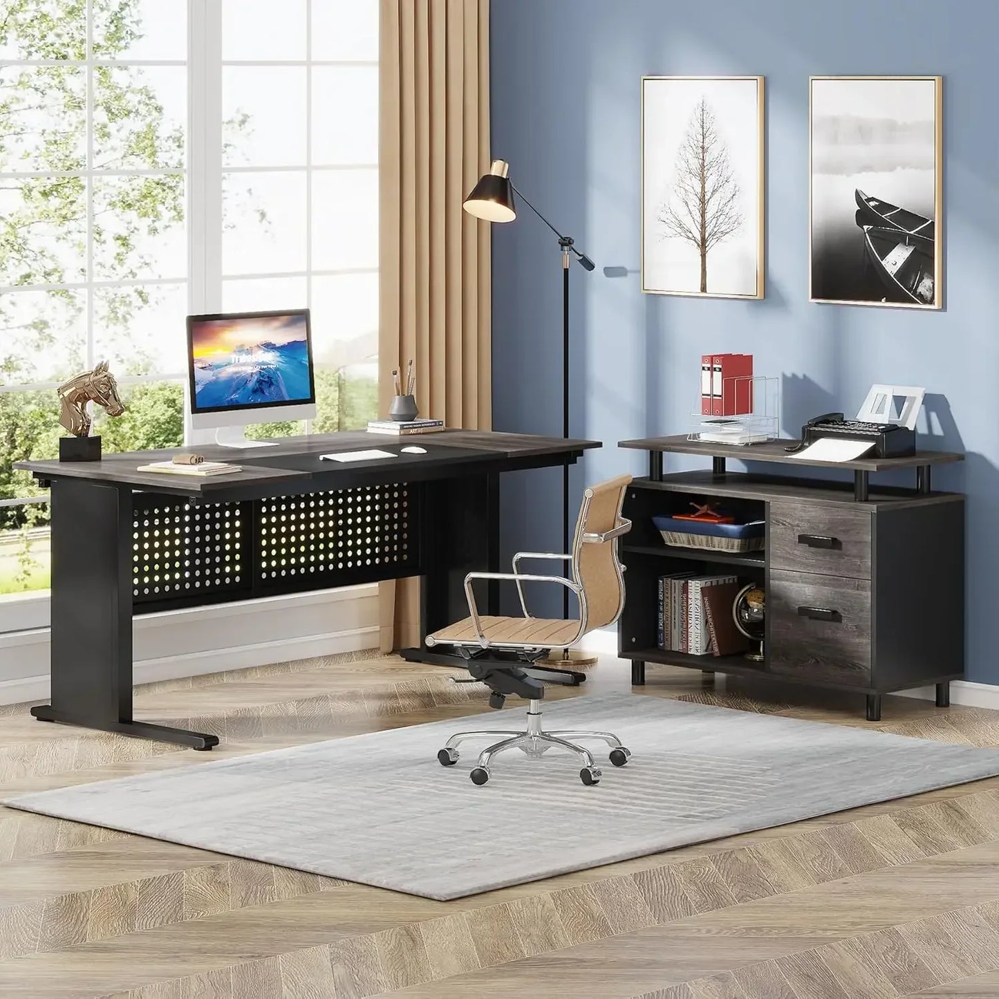 L Shaped Executive Desk with File Cabinet and Storage for Home Office