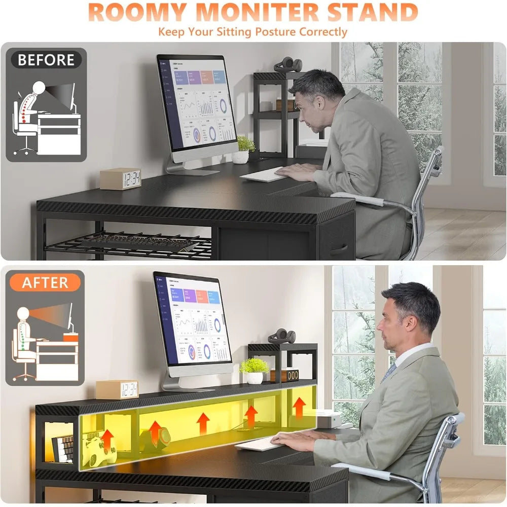 L Shaped Gaming Desk with LED Lights and 3 Drawers Reversible Workstation