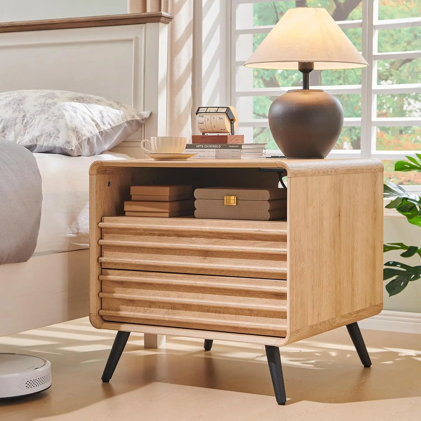 24 Inch Nightstand with Charger Station Mid Century Modern End Table