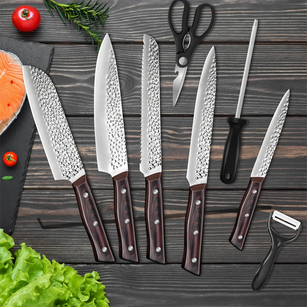 8pcs Chef Knife Set Hammer Pattern Sharp Blade Meat Salmon Slicing Knives